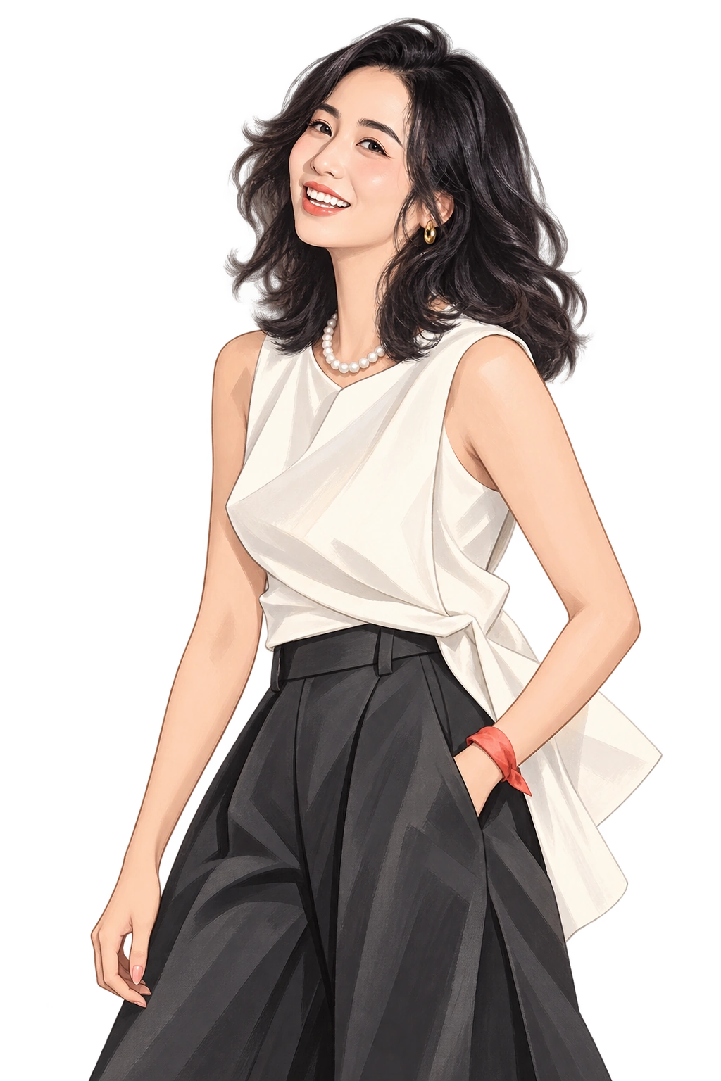 根据 Cissy 照片创作的法式人物插画：黑色卷发、珍珠项链、象牙白上衣